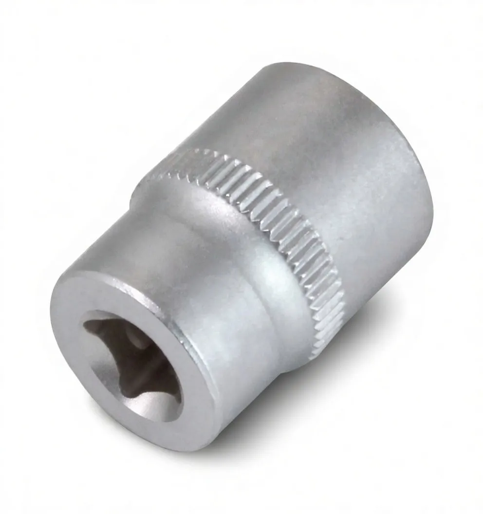 Angled side view of a short 12-point socket showing 12-point opening, knurled band and embossed marking