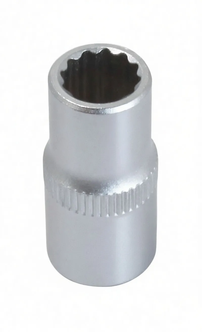 Top-down view of a short 12-point socket revealing internal 12-point profile, knurled middle band and embossed markings on the side.