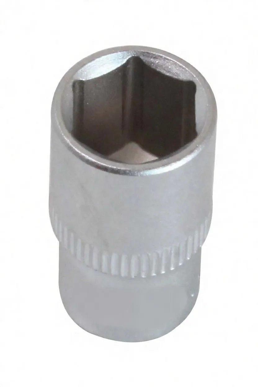 Top view into a short 6-point socket showing hex interior, knurled band and exterior marking