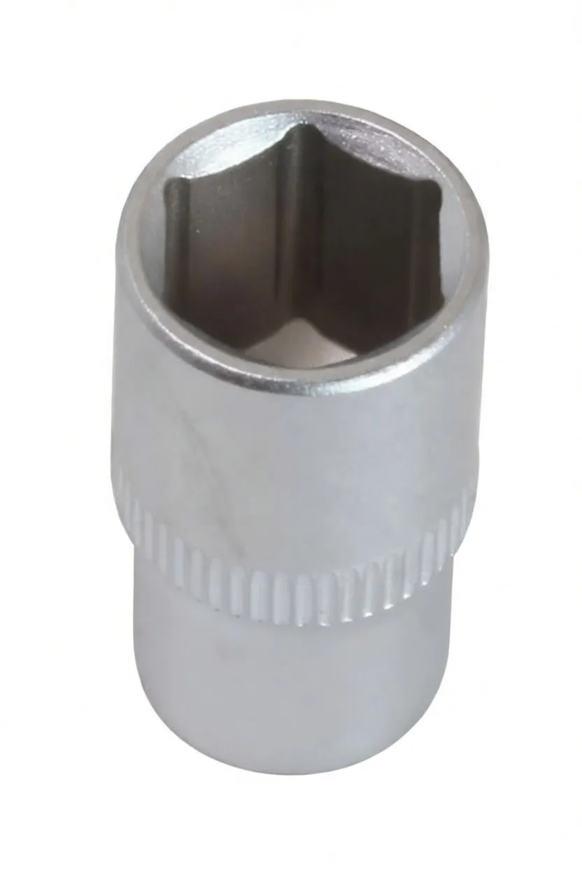Top view into a six-point short socket showing internal hex profile, knurled band and stamped marking.