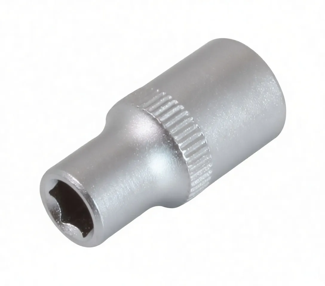 Angled image of a short chrome 6-point socket with knurled grip and shallow stamped markings