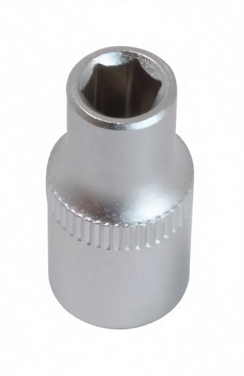 Top view into a short 6-point socket showing hex interior, knurled band and side stamped markings