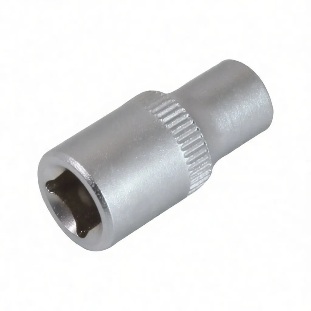 Angled view of a short 1/4-inch drive 6-point socket with knurled grip and stamped symbols