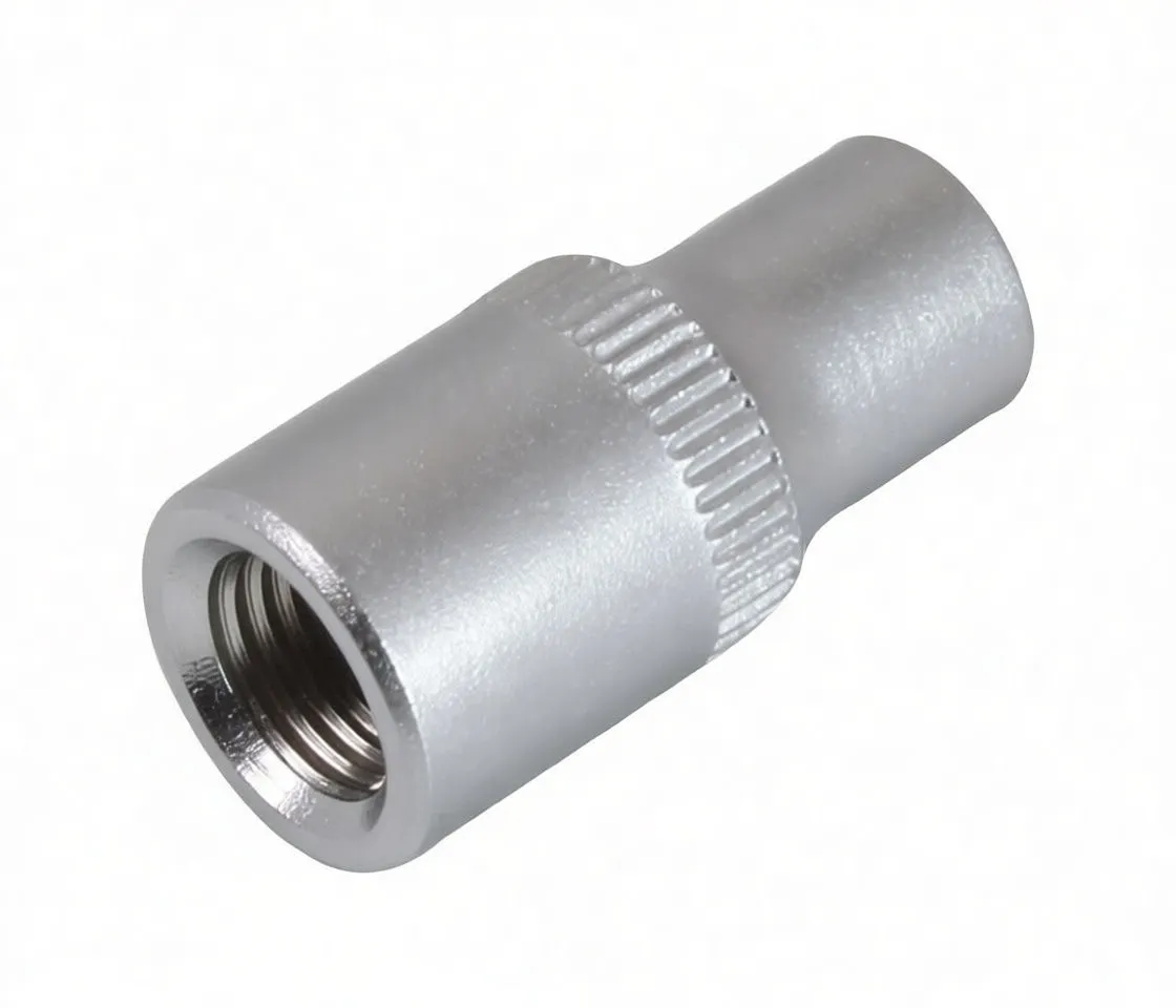 Side/diagonal view of a short chrome 6-point socket with knurled band and embossed side markings