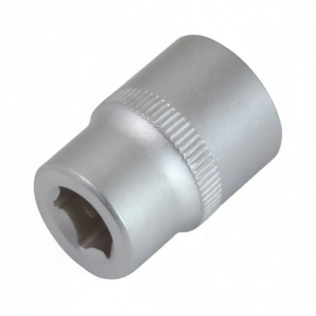 Angled shot of a short 6-point socket showing knurled grip, stamped side marking and hex opening.