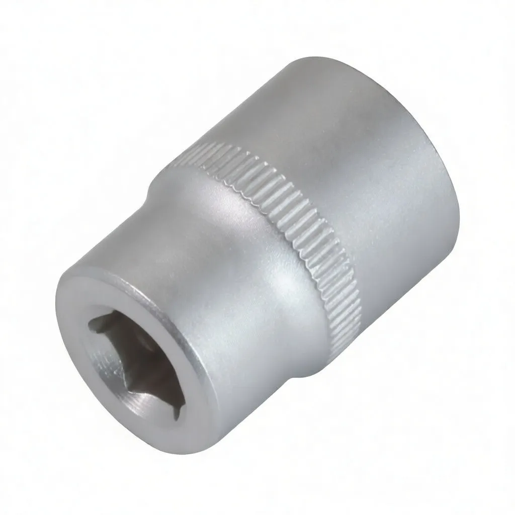 Side-angle view of a short satin-finish 6-point socket showing knurled ring and embossed side marking