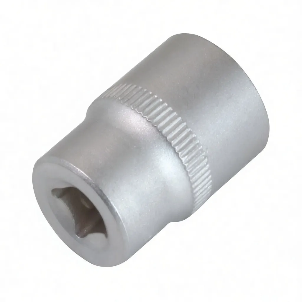 Top-down view into a short 6-point socket showing internal hex profile, knurled band and square drive recess