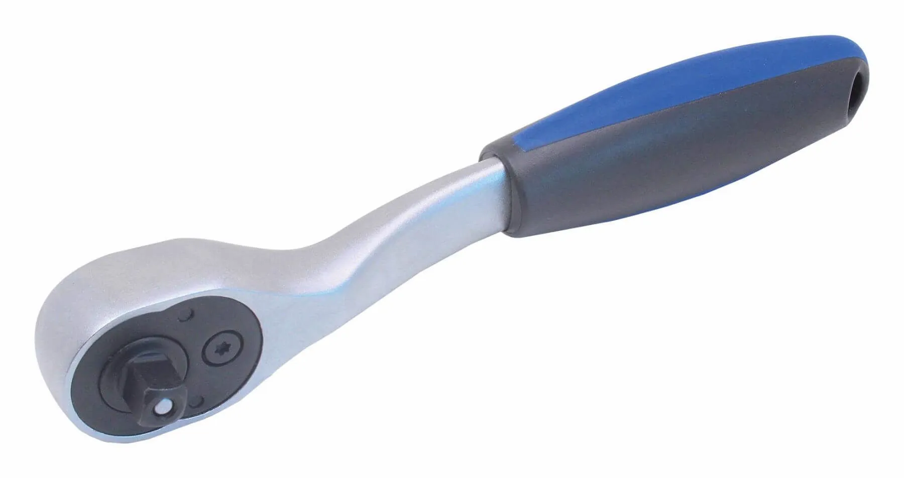Angled view of a curved 1/4 inch ratchet handle showing square drive, black faceplate, and blue/black rubber grip with hanging hole