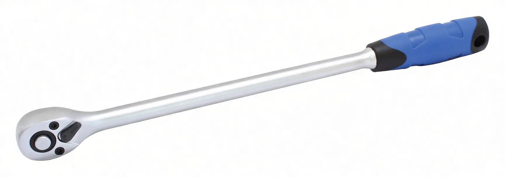 Full view of a long chrome 1/4" drive ratchet handle with stamped code A-KH14SL 2020 on the shaft and ASTA logo on the blue-black handle.