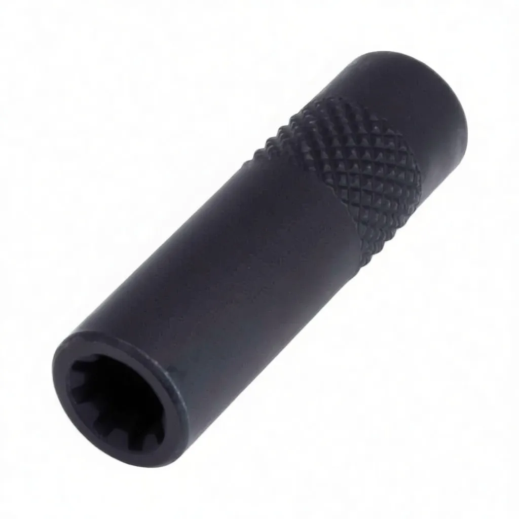 Angled side view of black knurled socket showing ASTA A-8BT50 label and multi-tooth internal end.