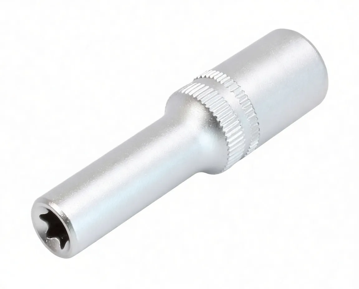 Top view of long E-type socket showing six-lobed recess, knurled collar and logo on a silver cylindrical tool