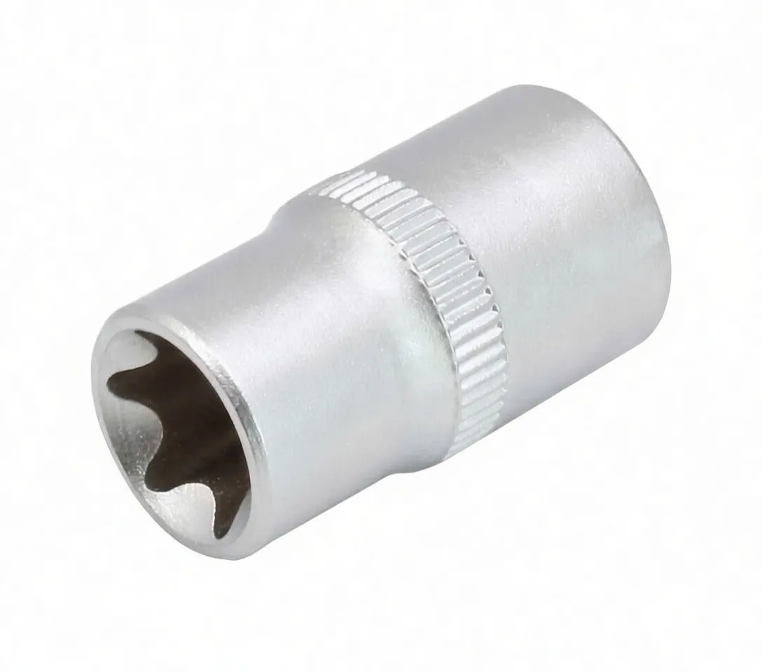 Three-quarter view of a short satin chrome E-type socket with knurled band and embossed logo