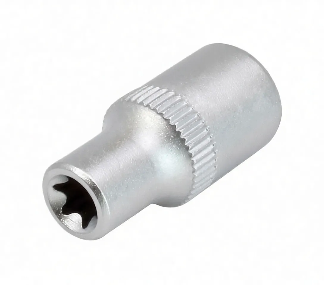 Angled view of a compact E-type socket with knurled band and engraved logo