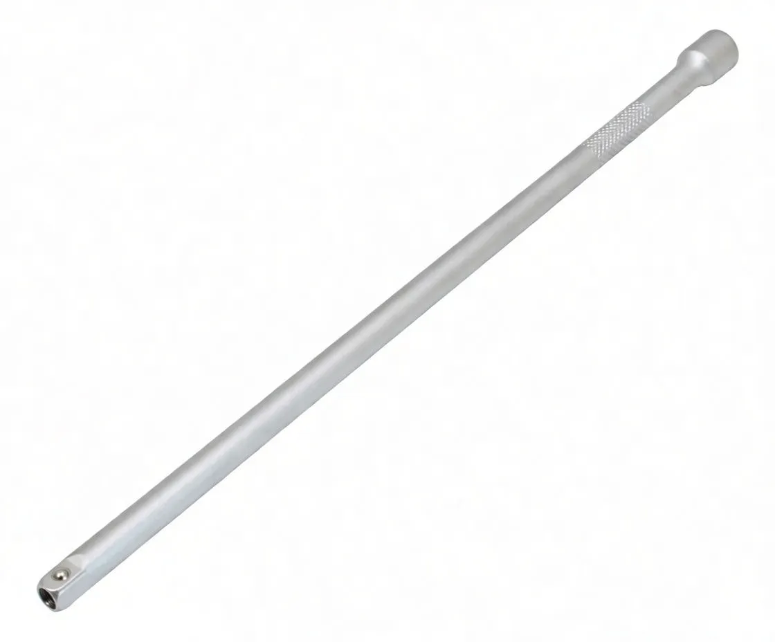 Oblique view of a 1/4 inch drive extension bar showing male square drive with detent, knurled grip and stamped shaft markings