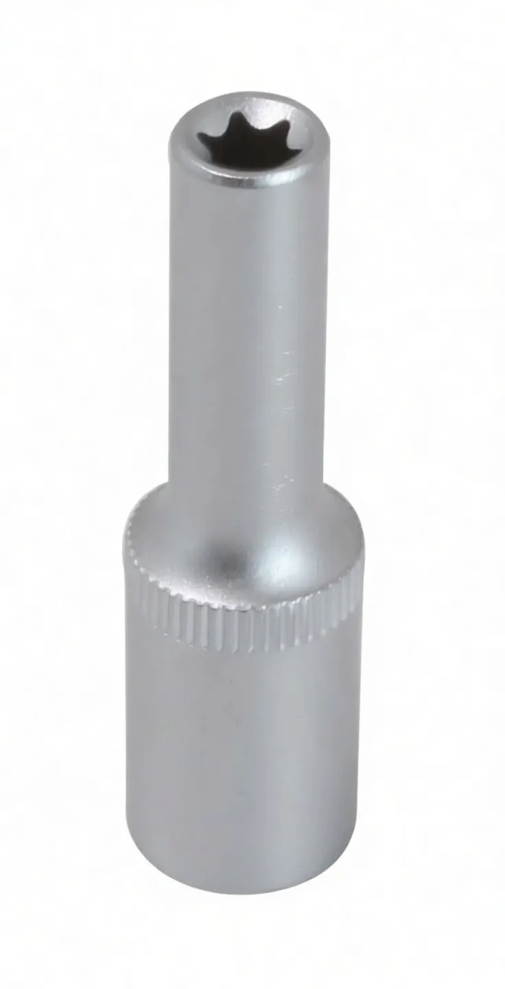 Perspective of socket showing star-shaped profile in socket mouth, knurled band and embossed logo