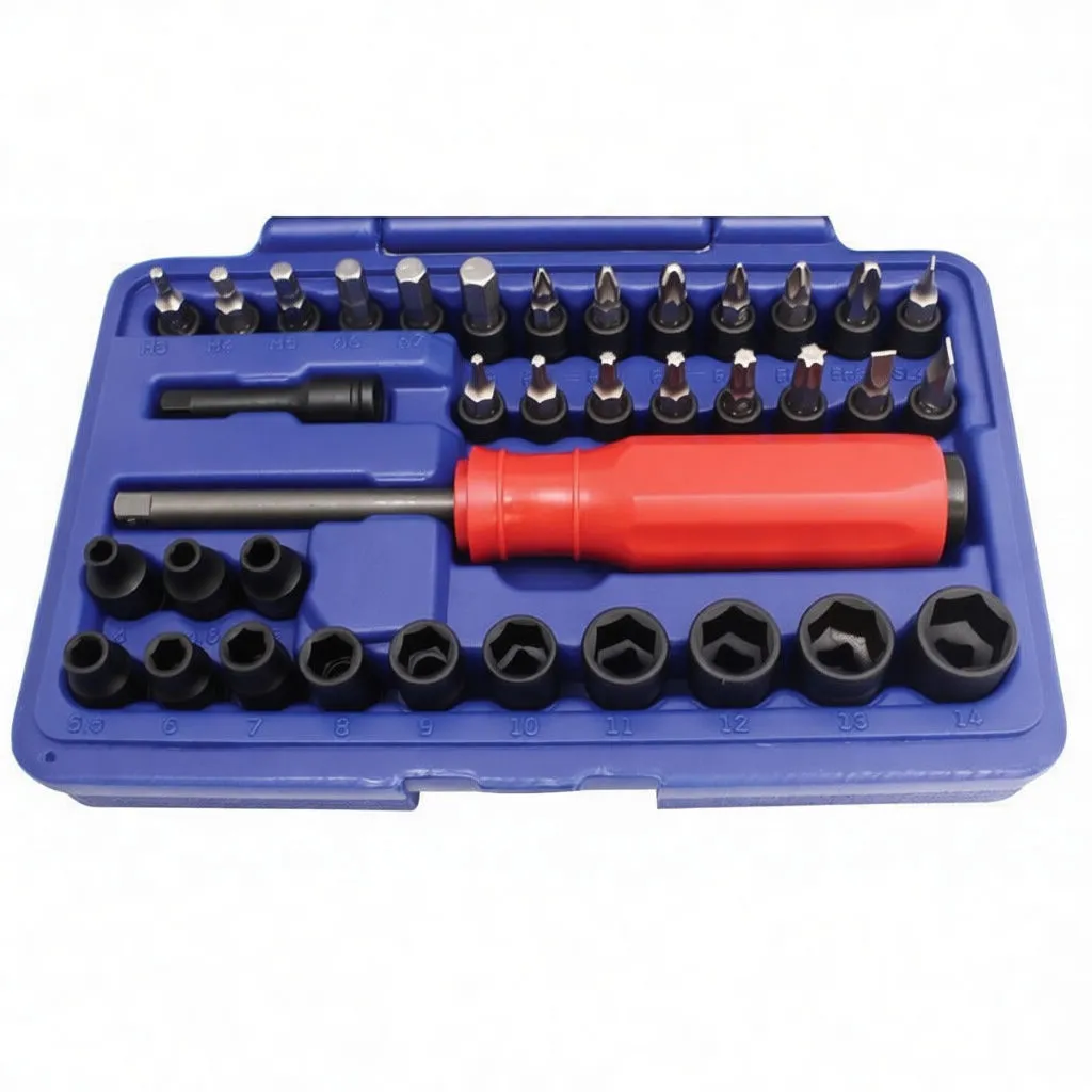 Close-up of red ASTA impact screwdriver in blue case with labeled black impact sockets and two rows of bits