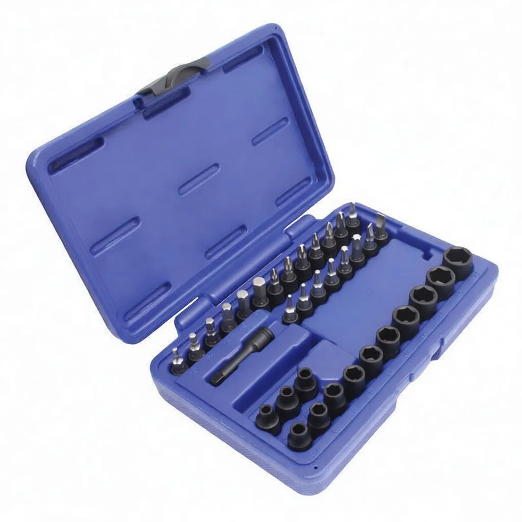 Angled open case showing red-handled impact screwdriver, extension bar, adapter, many bits and black sockets in blue foam case