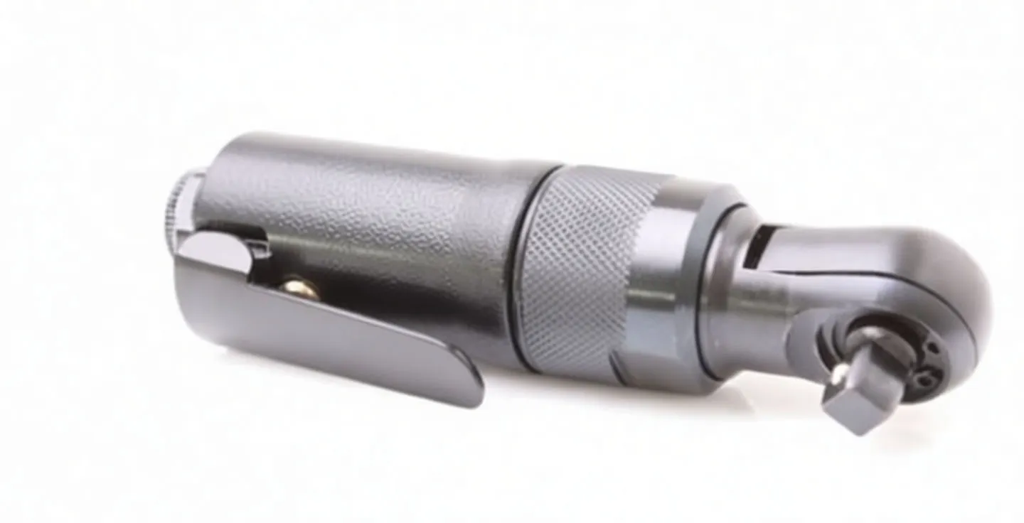Side view of a compact reversible pneumatic ratchet wrench with knurled collar, side throttle lever and 'Sata' logo on the body