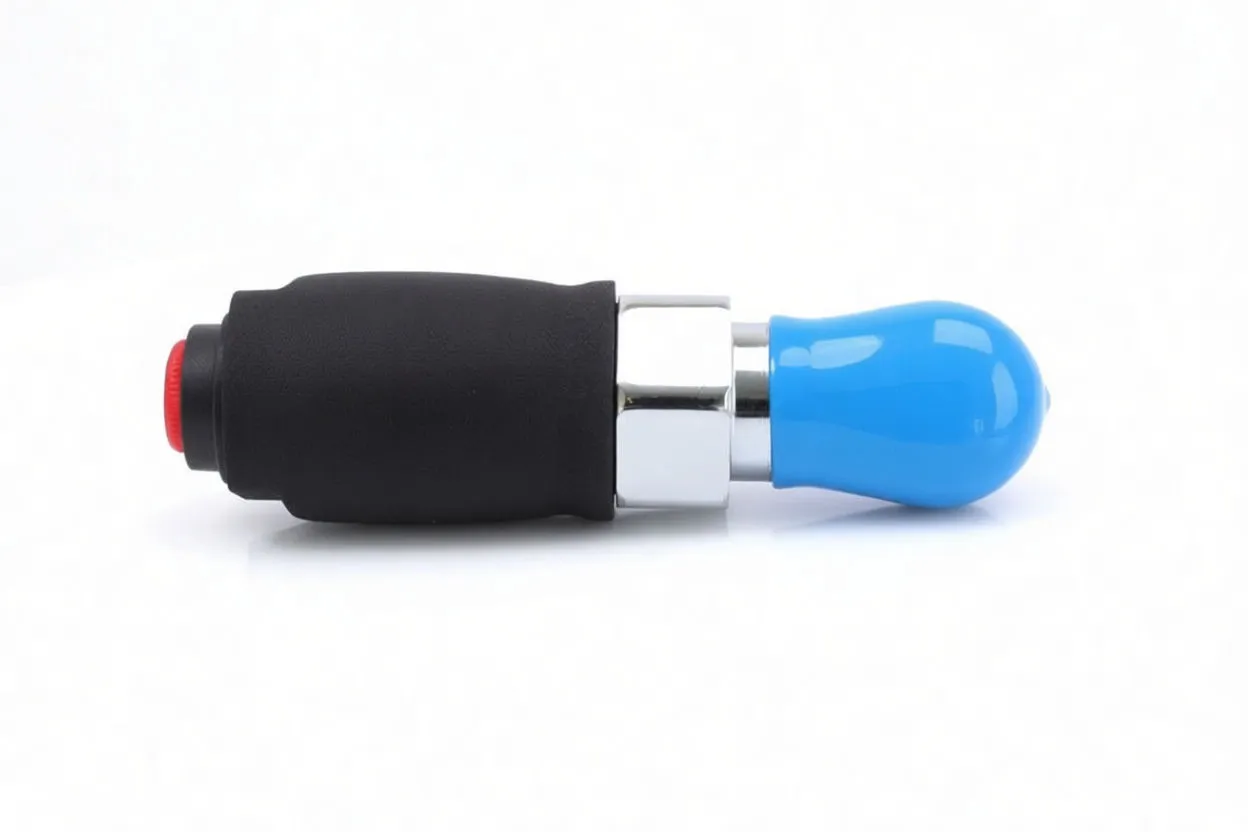 Top/side view showing label and markings on black grip, blue ratchet head and red end cap