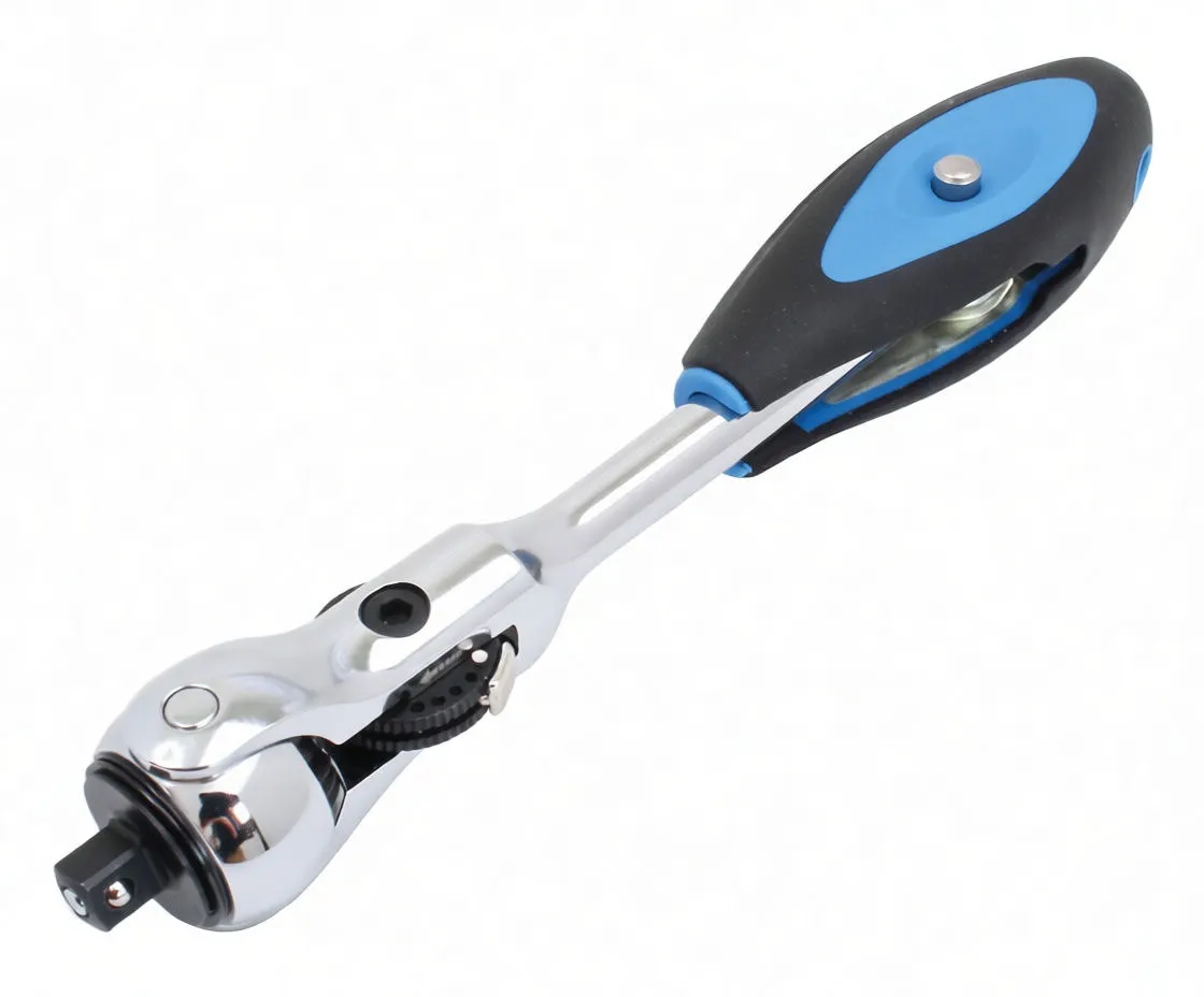 Angled shot of chrome ratchet with toothed pivot wheel and black-blue T-handle