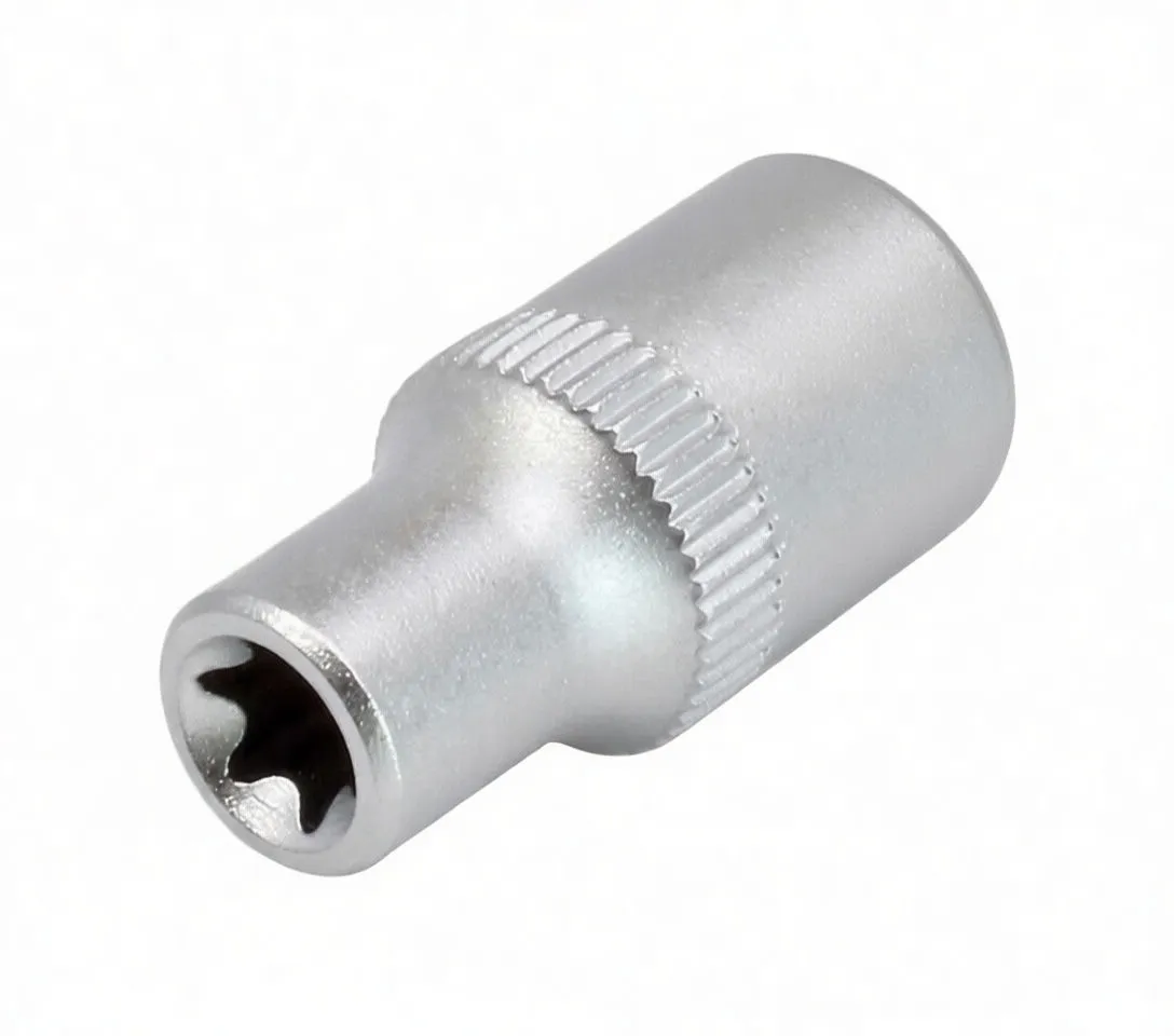 Angled side shot of a short satin chrome E-type socket with knurled grip and faint etched marking