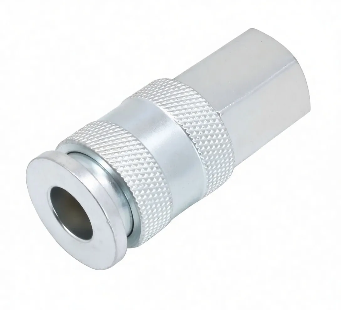 Coupling showing flanged insertion end, textured sliding sleeve, and hexagonal female body.