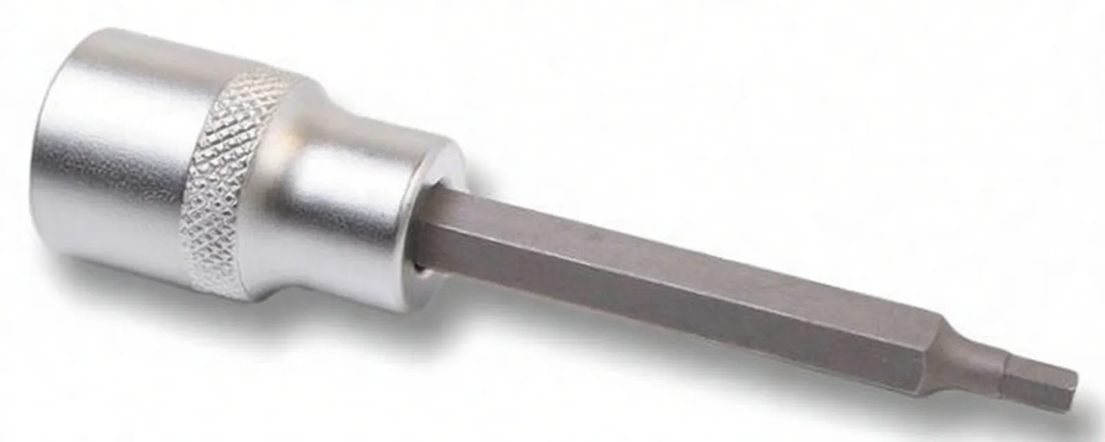 Long 1/4 inch hex bit socket with knurled band and visible stamped markings on matte-chrome body, extended hex shank.