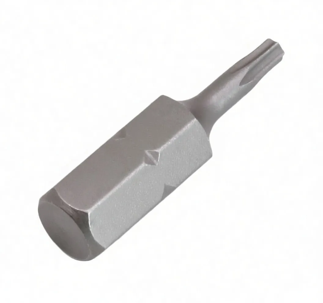 Angled profile of a 1/4 inch hex bit with a tapered shaft and Torx T8 tip, ASTA marking visible.