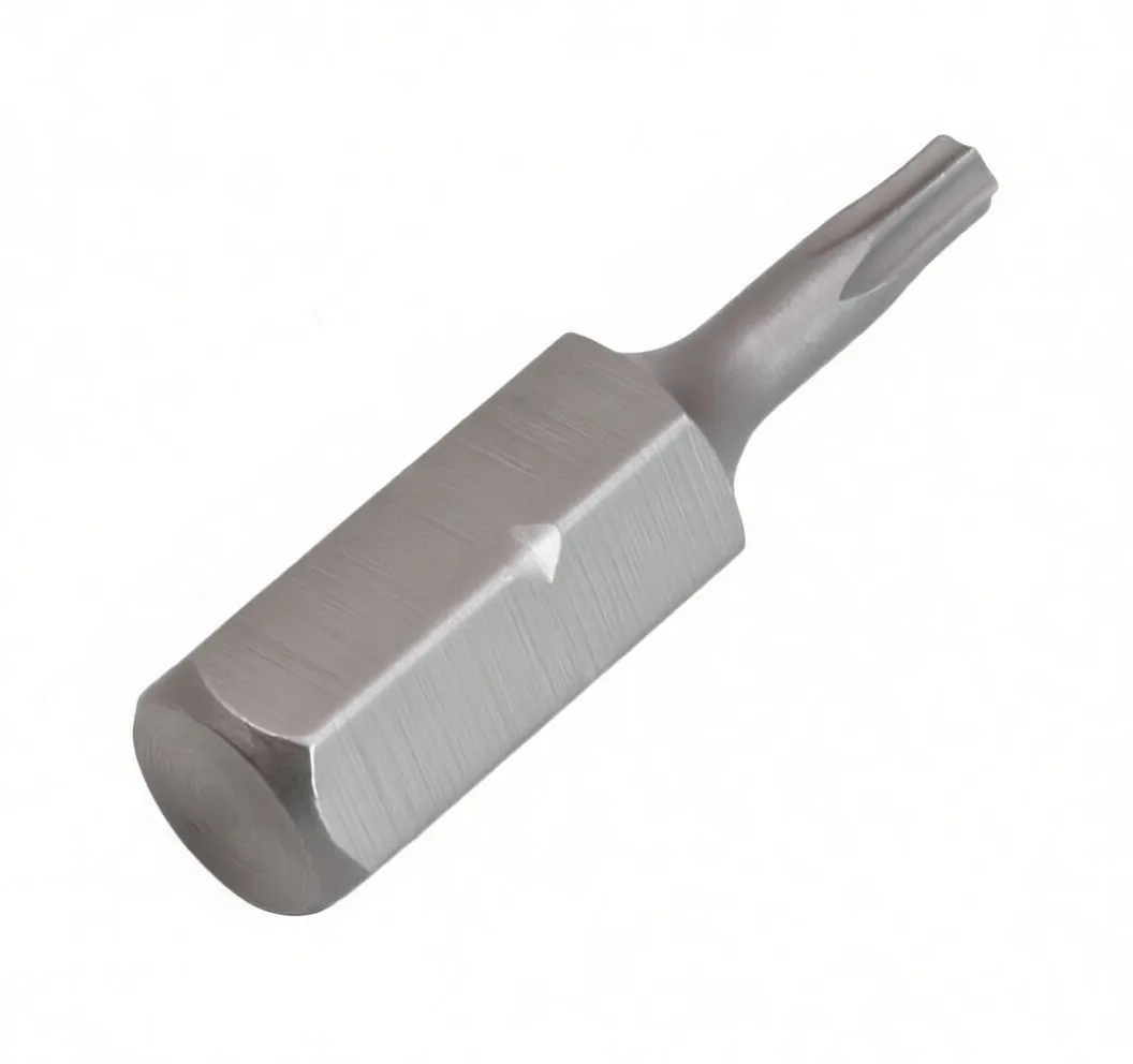 Side view of a metal 1/4" hex bit showing ASTA engraving and Torx T8 tip.
