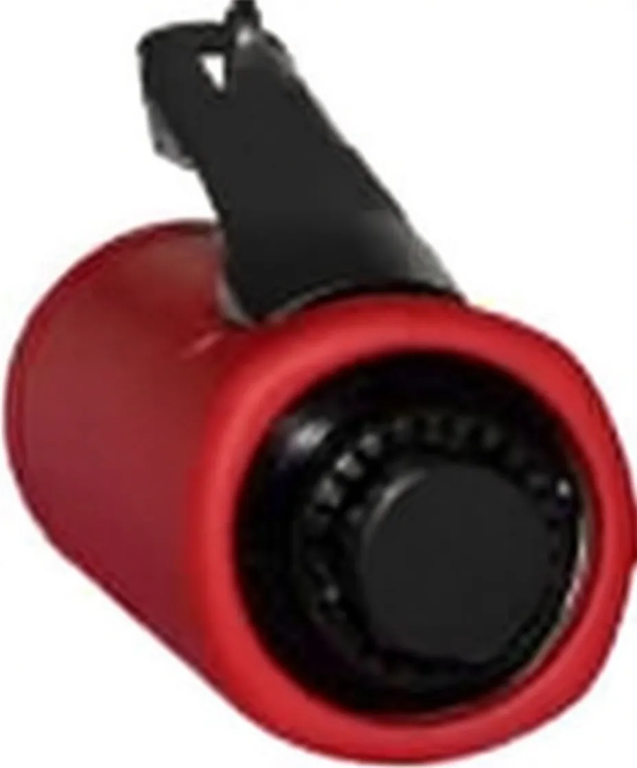 Side view of pneumatic die grinder showing metal throttle lever with safety tip, red/black housing, vents and stickers.