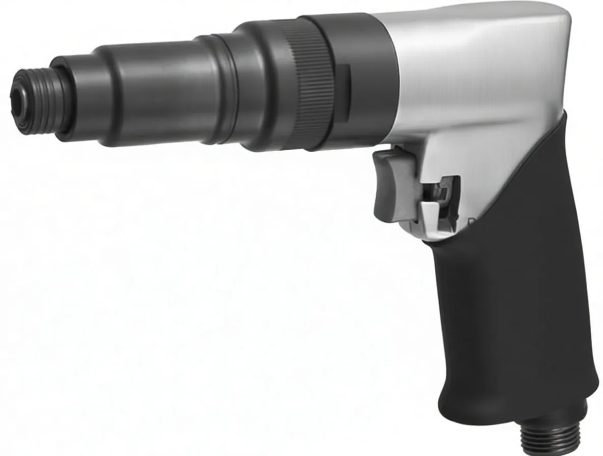 Pneumatic screwdriver side view with dimension diagram and arrow pointing to reverse lever