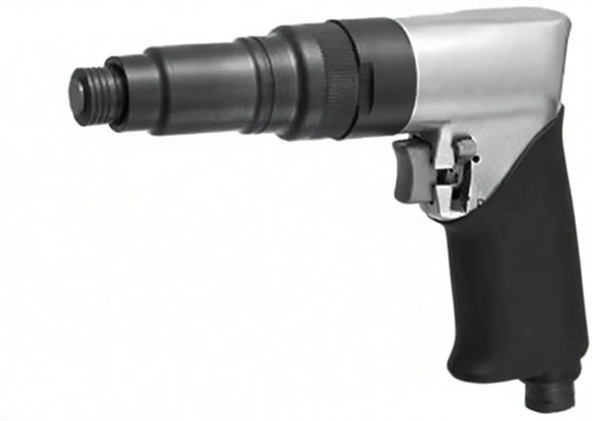 Angled top view of the pneumatic screwdriver showing nose, knurled collar, safety labels and blue logo
