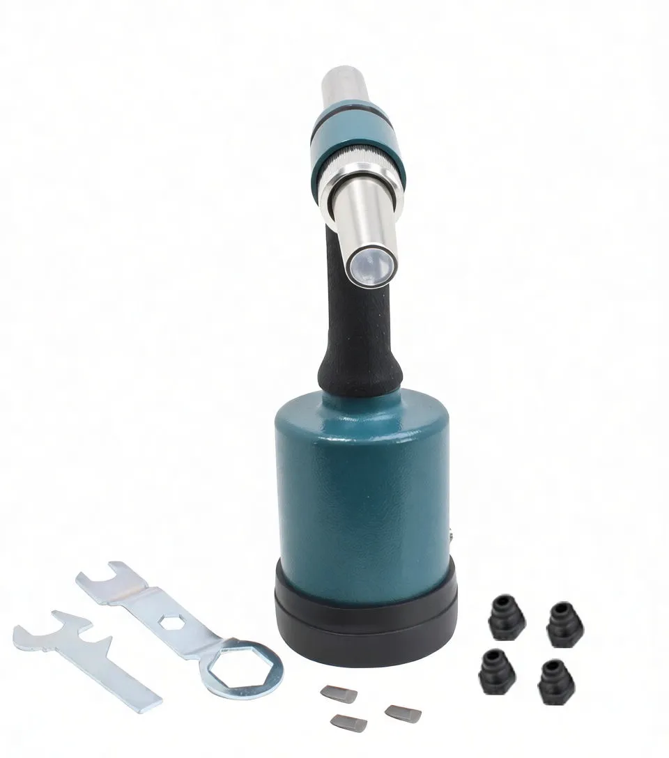 Front-facing view of teal air riveter showing clear nose tube, black grip, reservoir and nose adapters in front