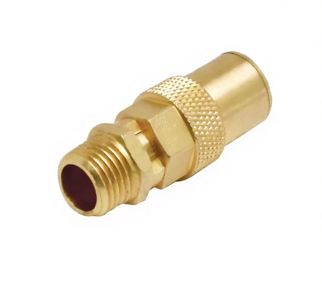 vertical view of brass safety valve showing top threads, hex nut, knurled sleeve and stamped body