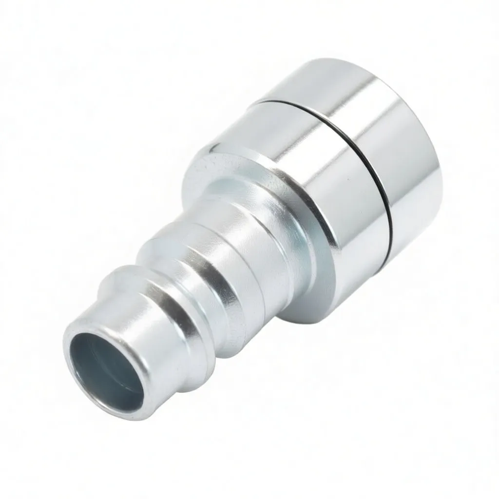 Perspective view showing internal threads of the hex nut and barbed tail of the female plug