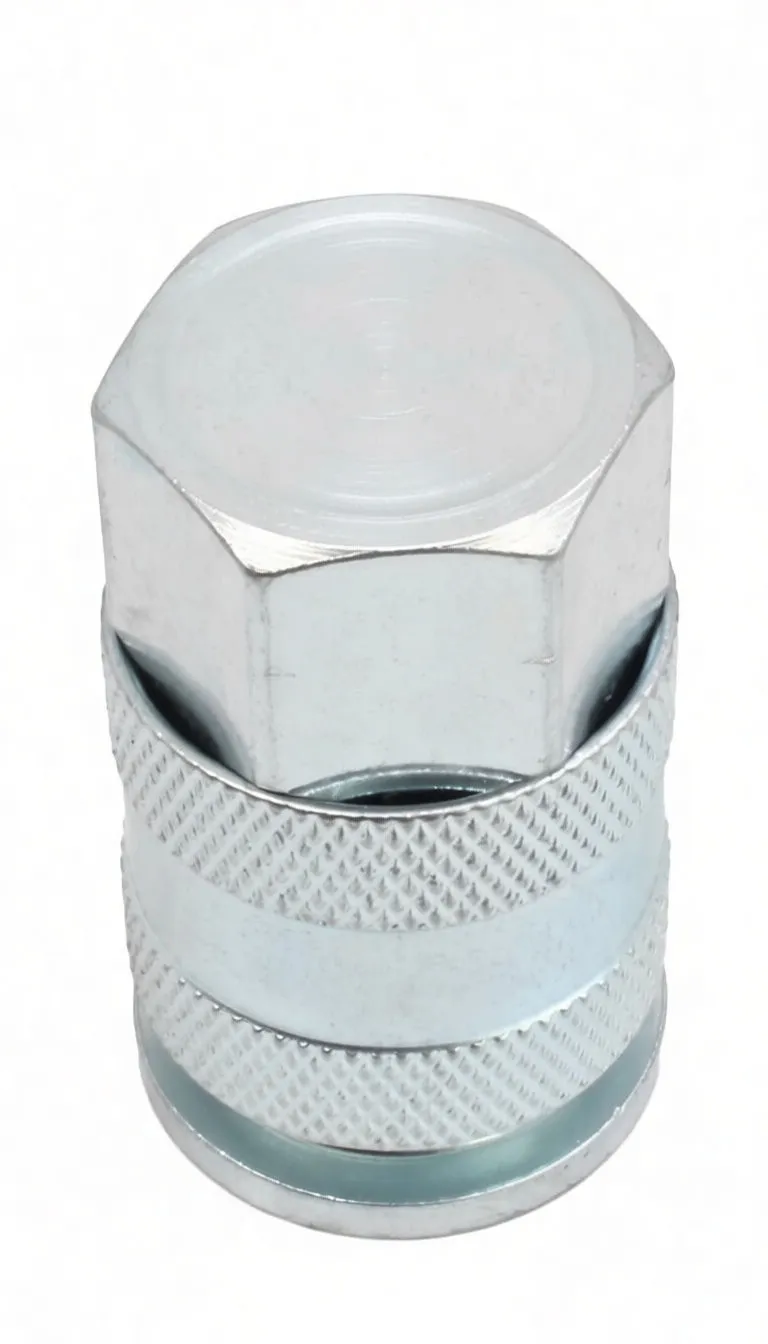 Top view of male coupling showing threads, hex flats with stamped marking and knurled sleeve