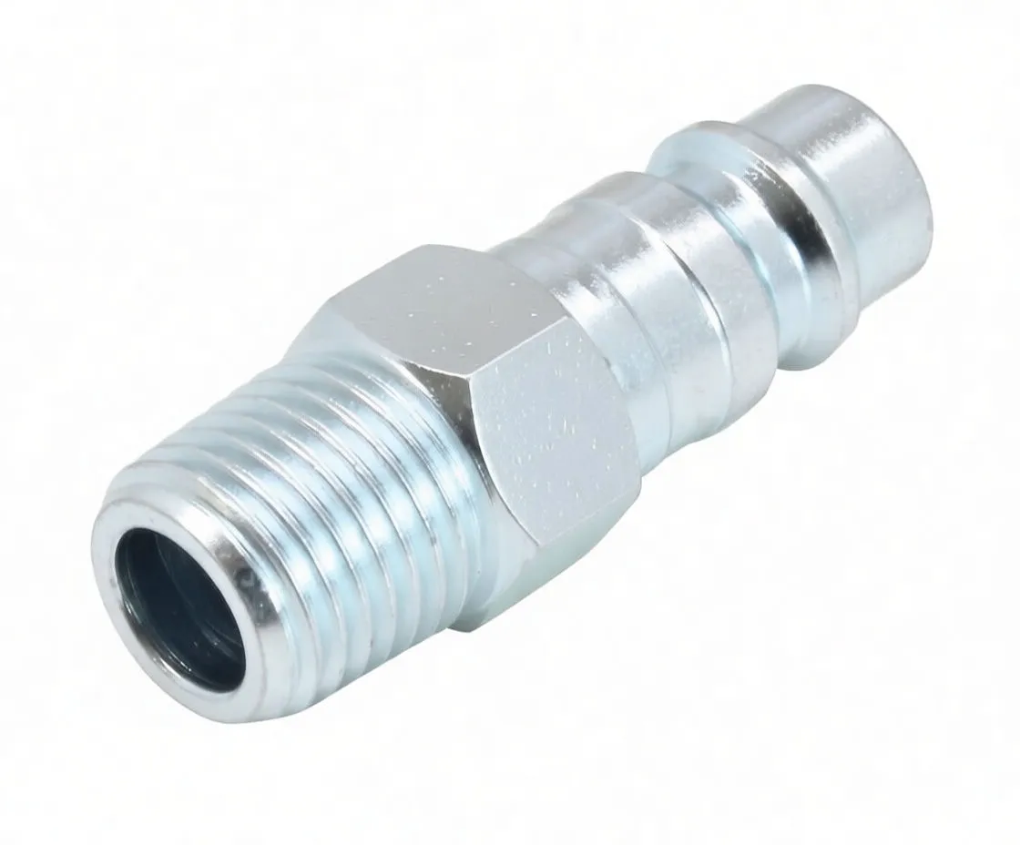 Angled view focusing on threaded male end and hex flats of zinc-plated 1/4' PT male plug