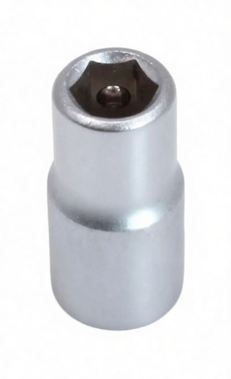 Angled side photo of chrome 1/4" adapter showing hex bit opening, stamped logo/size marking and spring collar