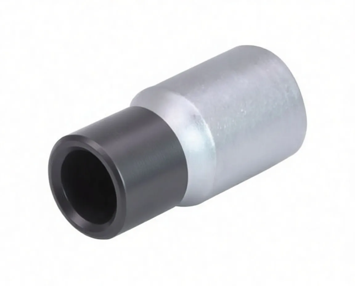 Angled view of chrome 1/4" bit holder showing quick-release collar, hex recess and stamped marking