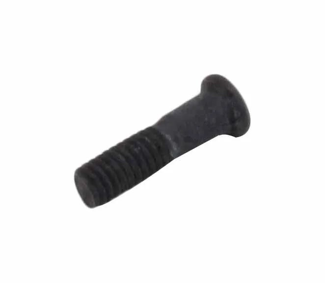 Close-up of short black bolt with flared head and partially threaded shaft.