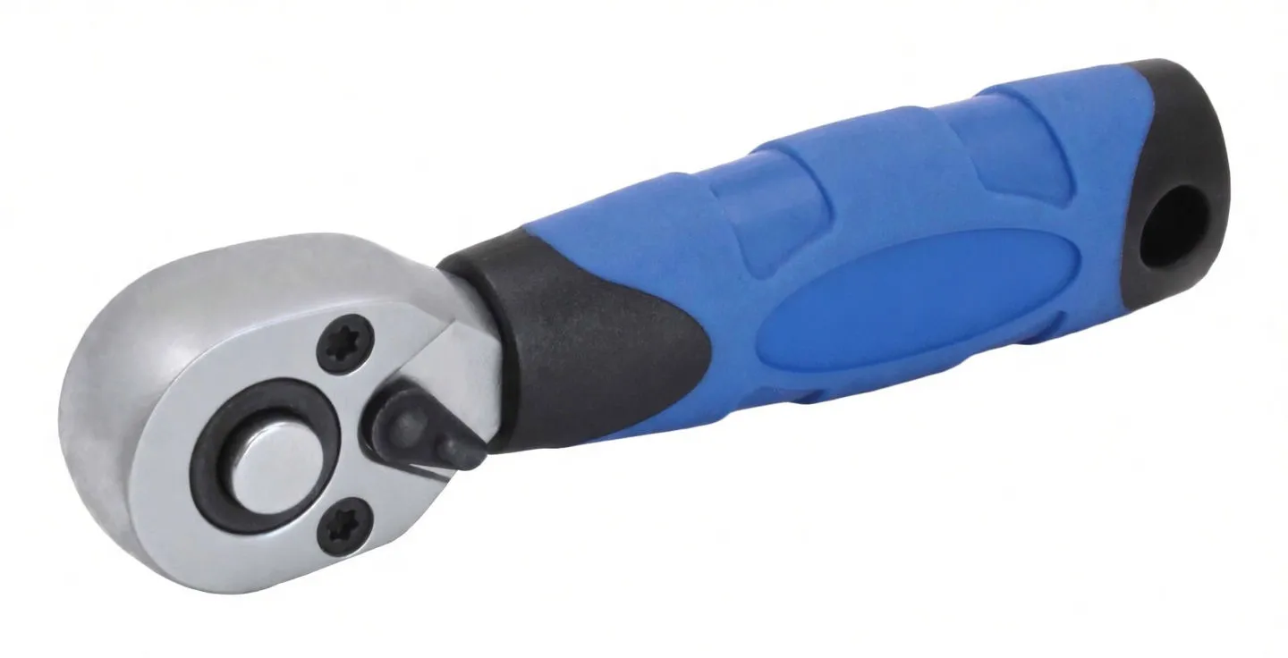 Angled side view of 1/4-inch ratchet showing chrome head stamps and ASTA logo on blue-and-black handle