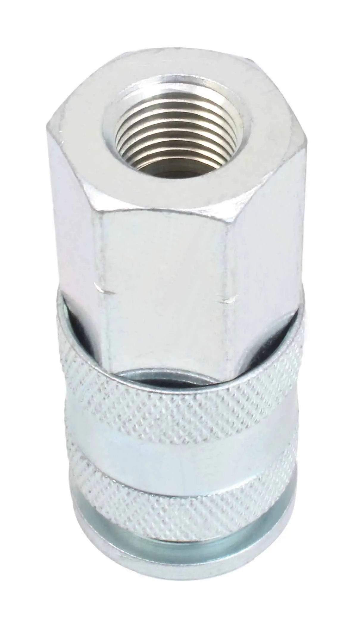 Top view into internal threads of hexagonal female coupling with knurled grip sleeve around the body.