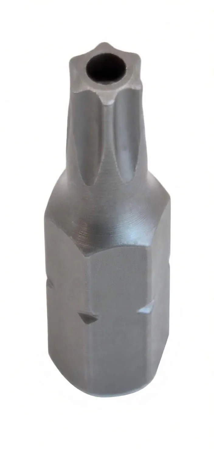 Full-length view of a short tamper-resistant Torx bit with hex shank engraved 'ASTA' and hollow-center star tip