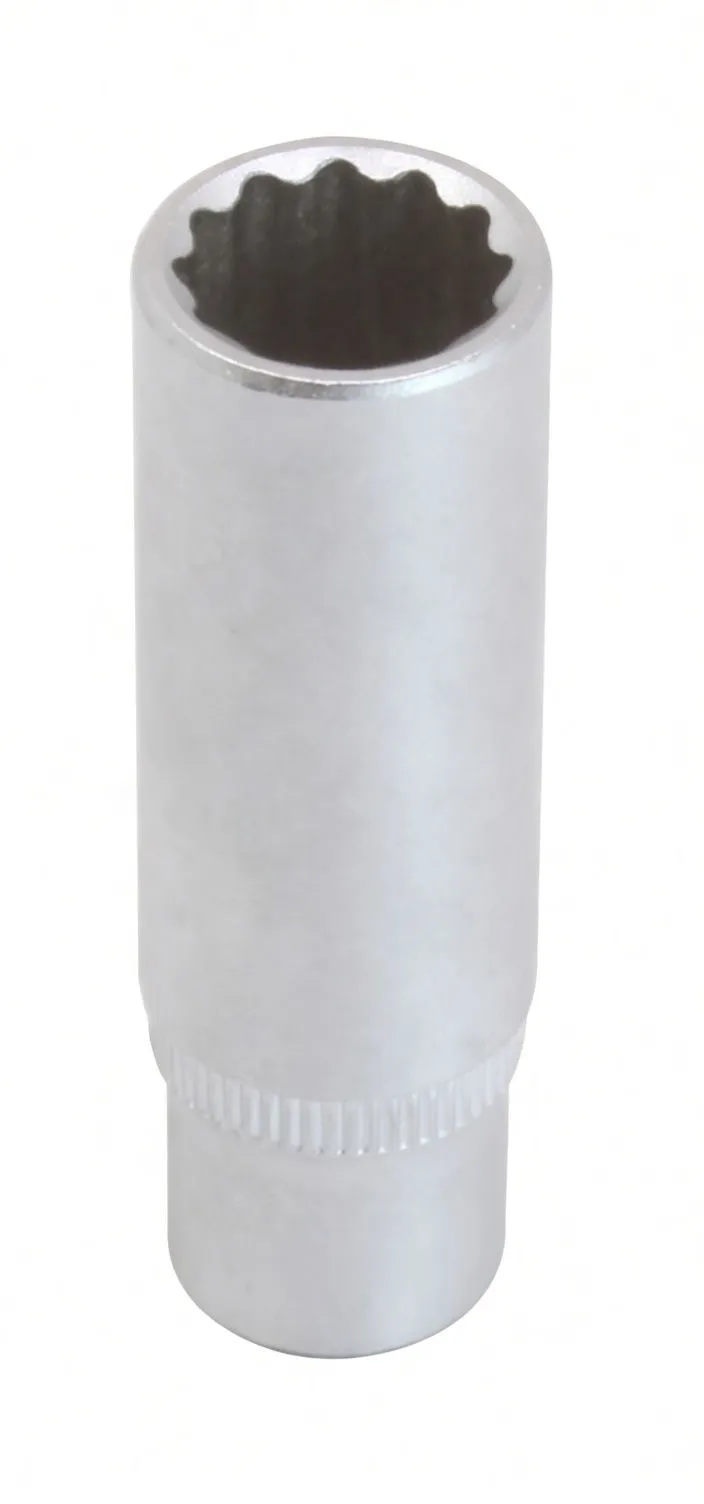 Vertical view of deep 12‑point socket with embossed brand marking and knurled ring