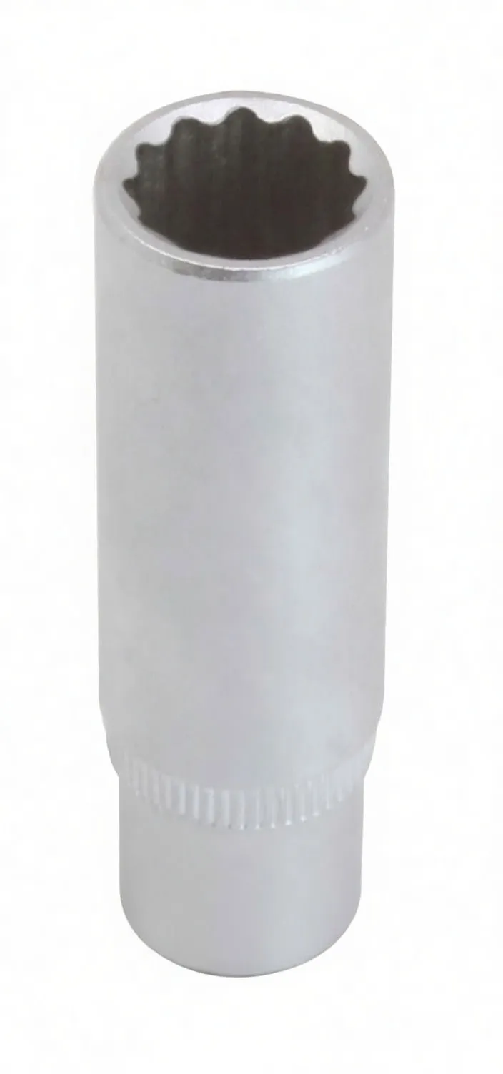 Vertical image of a long 12-point deep socket standing on its drive end showing knurled band and stamped marking