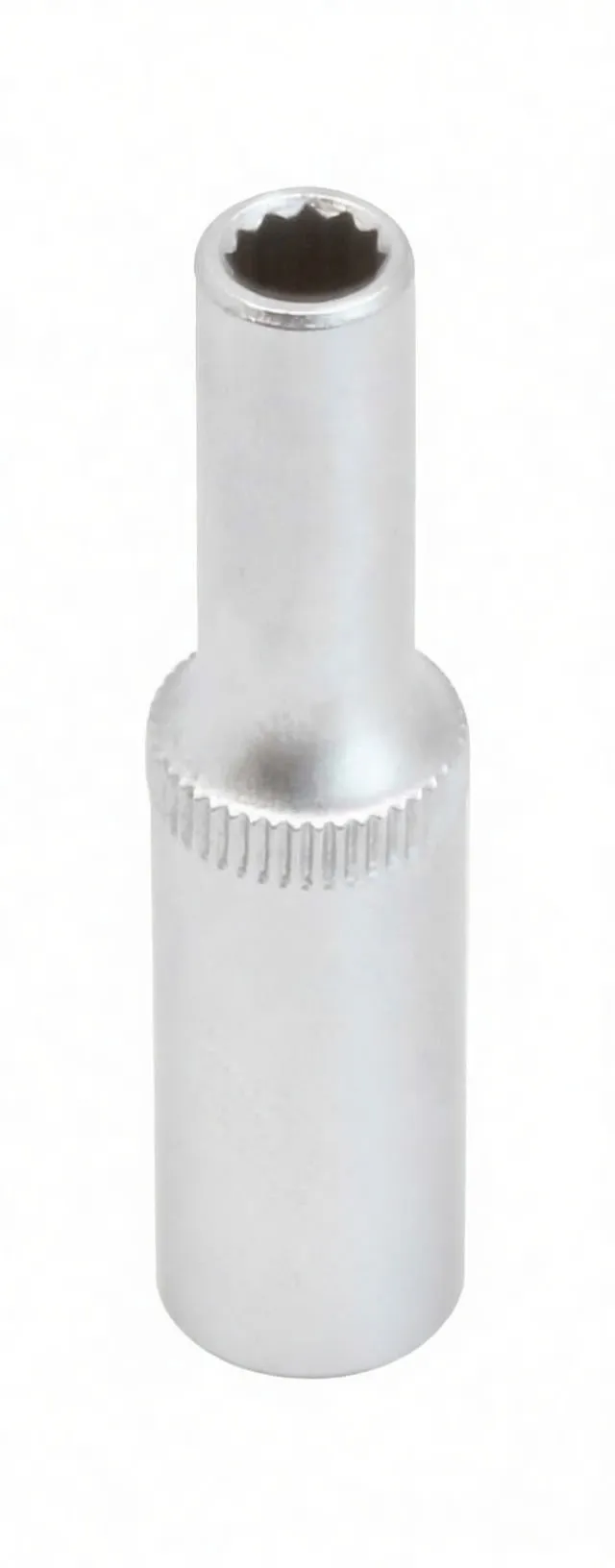 Front view of long 12-point deep socket with knurled collar and stamped logo