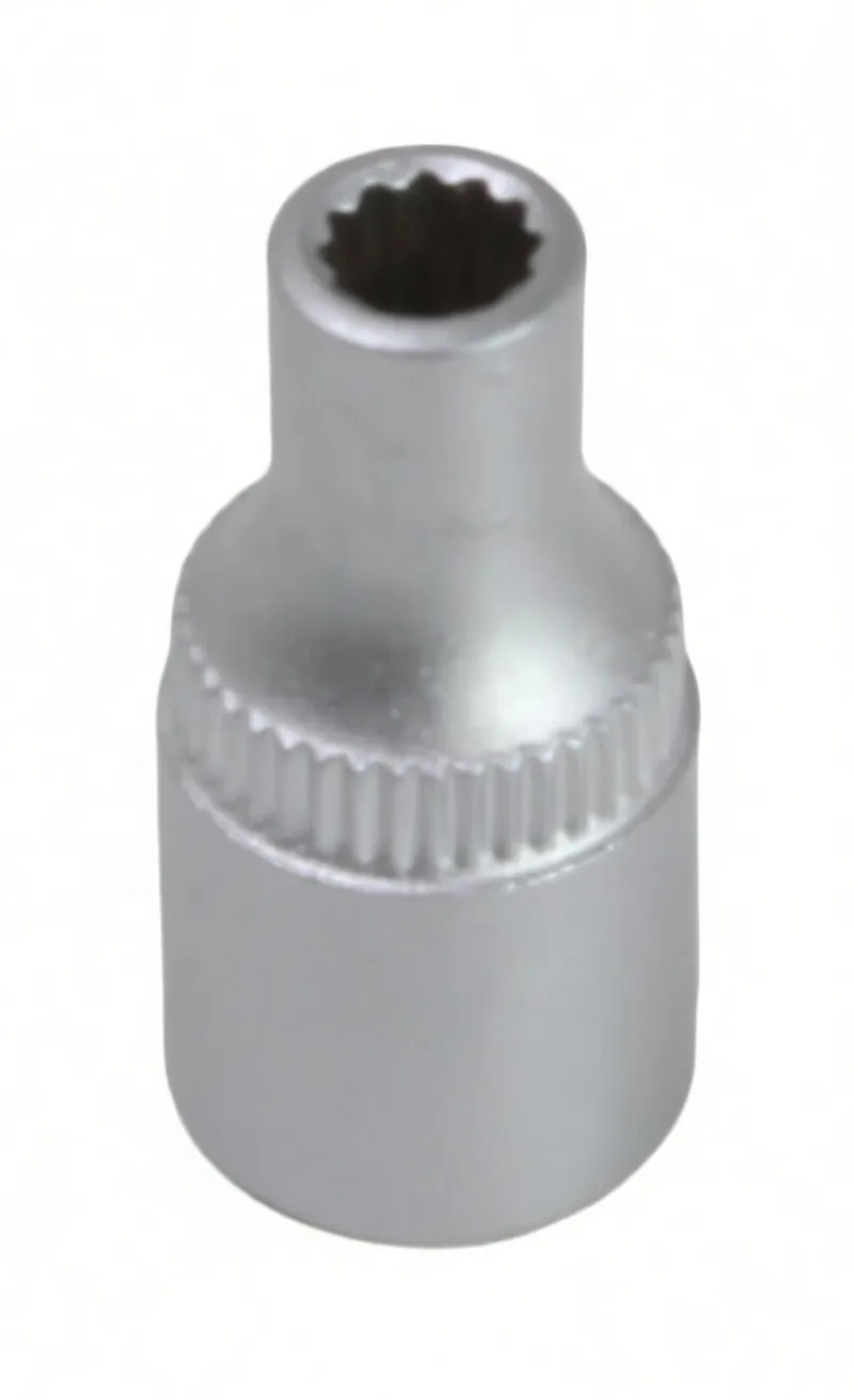 Oblique top view of short 12-point socket with narrow internal profile, knurled middle band and faint side stamping
