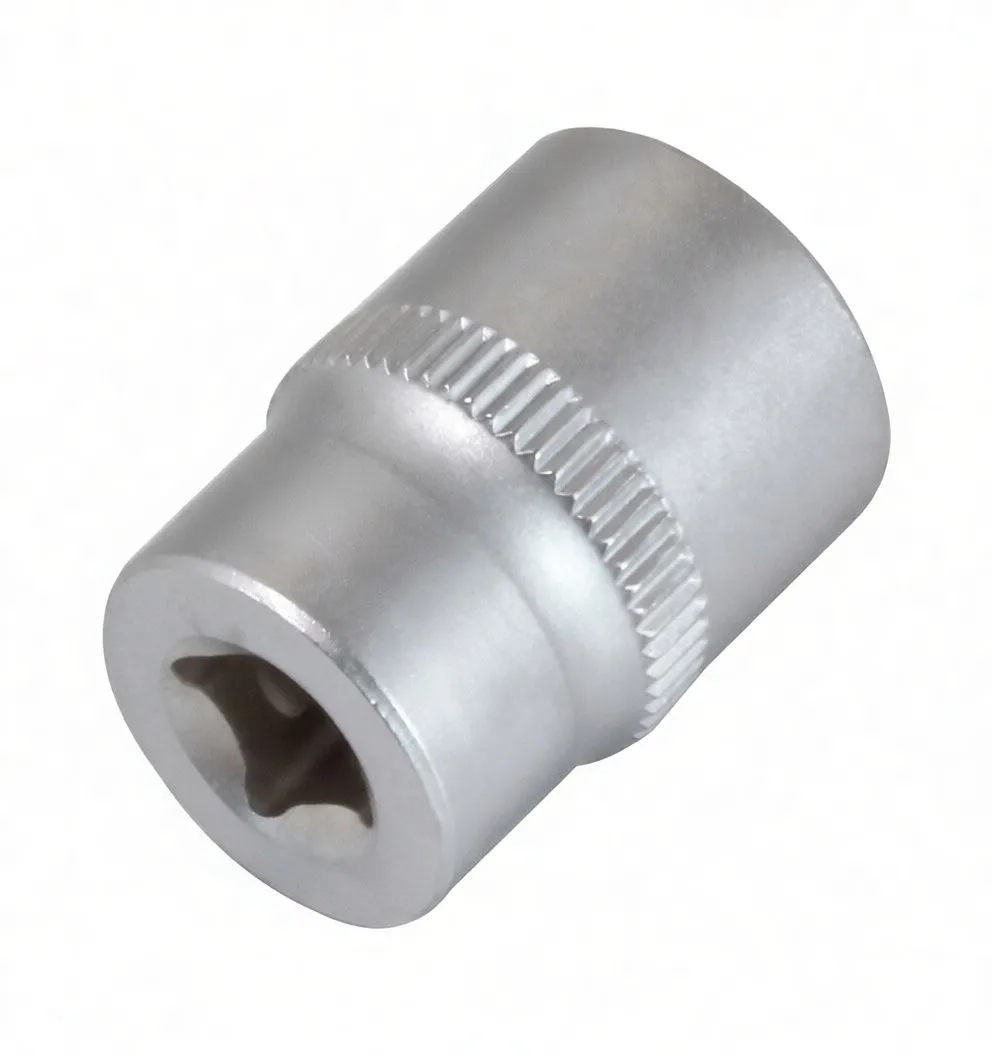 Drive-end view of a short socket showing 1/4-inch square drive recess, stamped brand marking and knurled grip