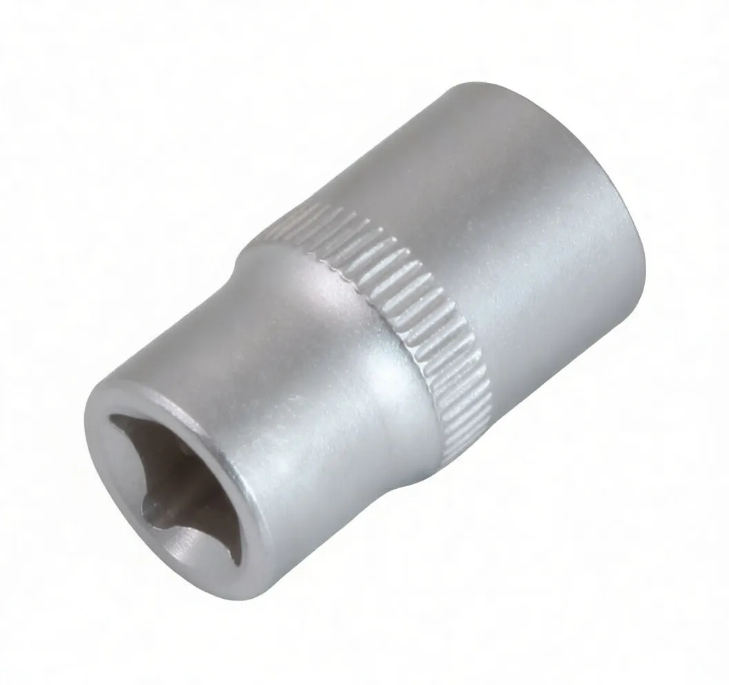 Angled side view of a short 1/4 inch six-point socket showing knurled grip and stamped marking.