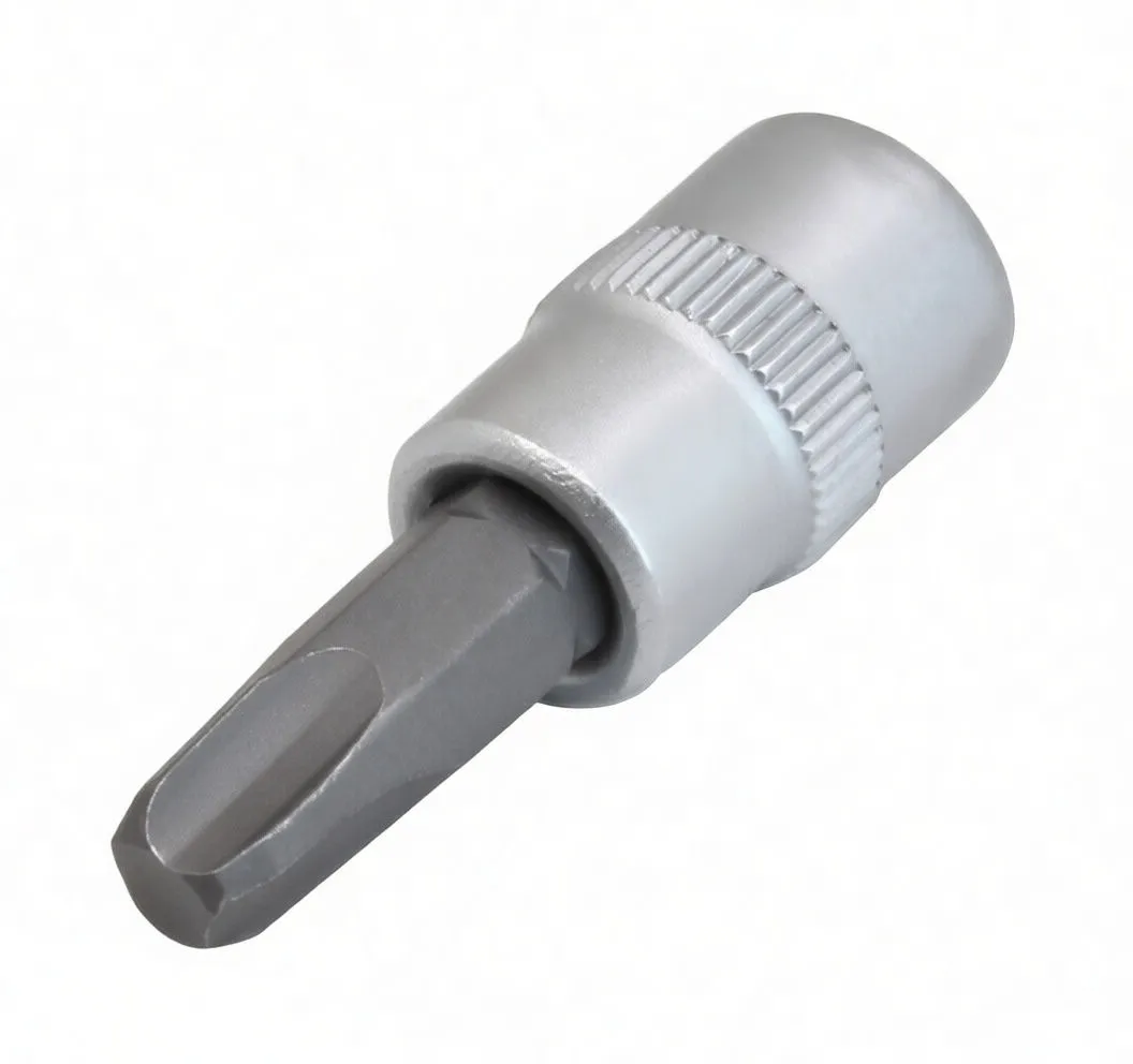 Perspective view of a PH4 1/4" socket bit showing knurled silver socket and dark grey Phillips bit shank